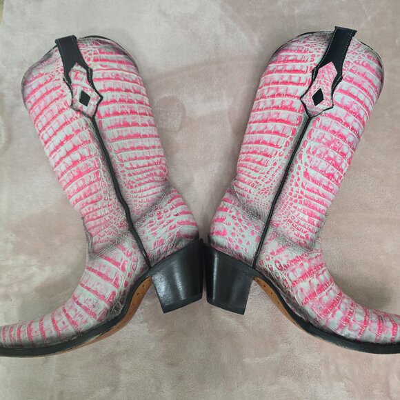 Corral Pink Full Caiman Hand Painted Pink Cowboy Boots Size 6.5 - Picture 11 of 11